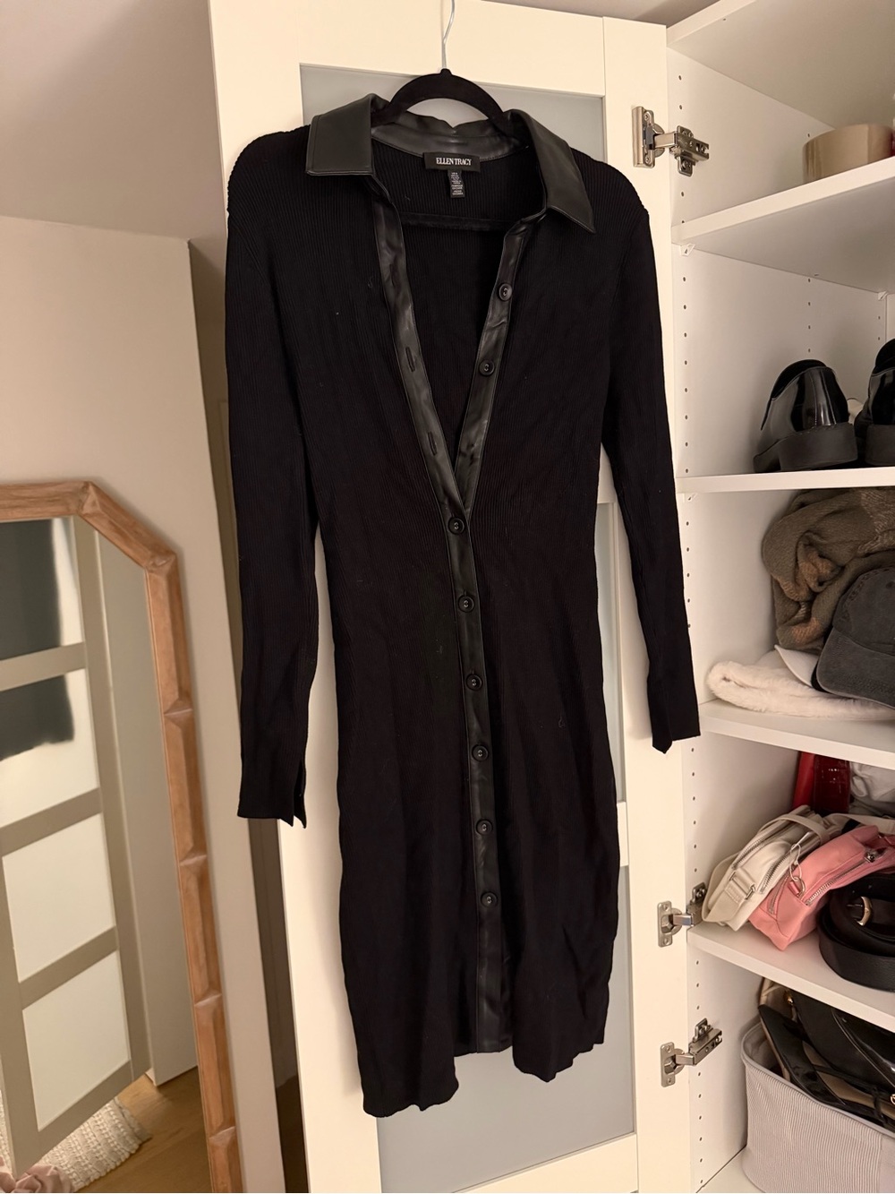 Ellen Tracy Black Long-Sleeve Button-Front Dress with Leather-Trim Collar